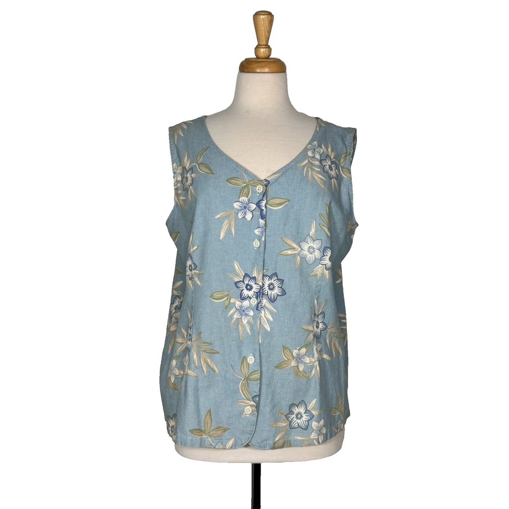 Classic Elements VTG Tank Top Floral Size Large Button Up Flowers Blue
